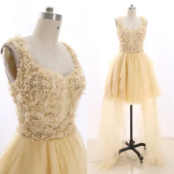 

MACloth Champagne Ball Gown V Neck Knee-Length Short Crystal Tulle Prom Dresses Dress M 267595 Clearance