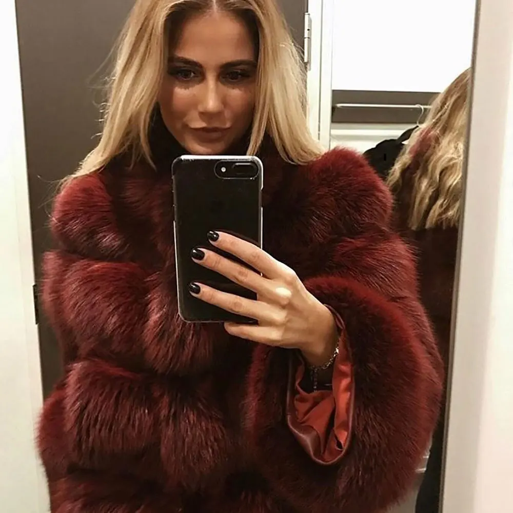 wine red 60 60 см новая теплая шуба из натурального Лисьего меха женская зимняя Толстая Шуба из натурального Лисьего меха Меховая куртка верхняя одежда женский Дамский стоячий воротник жакет из меха - Цвет: wine red 60