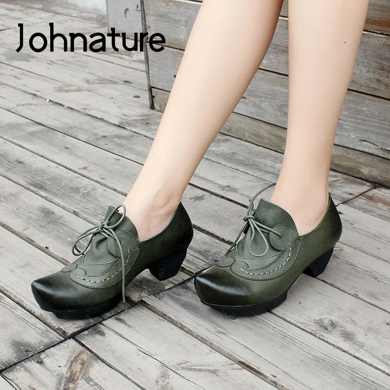 

Johnature Retro Cross-tied Pumps Women Shoes Genuine Leather Pointed Toe High Heels 2020 New Spring/autumn Platform Ladies Shoes
