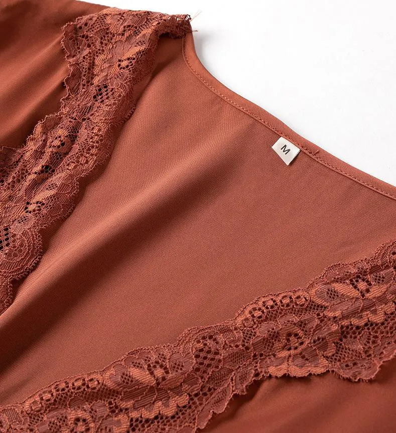Lace V-neck Nightdress Women Satin Nightgown Sleep Dress Summer Sleepwear Short Sleeve Nightwear Home Dressing Gown Nighty Robe