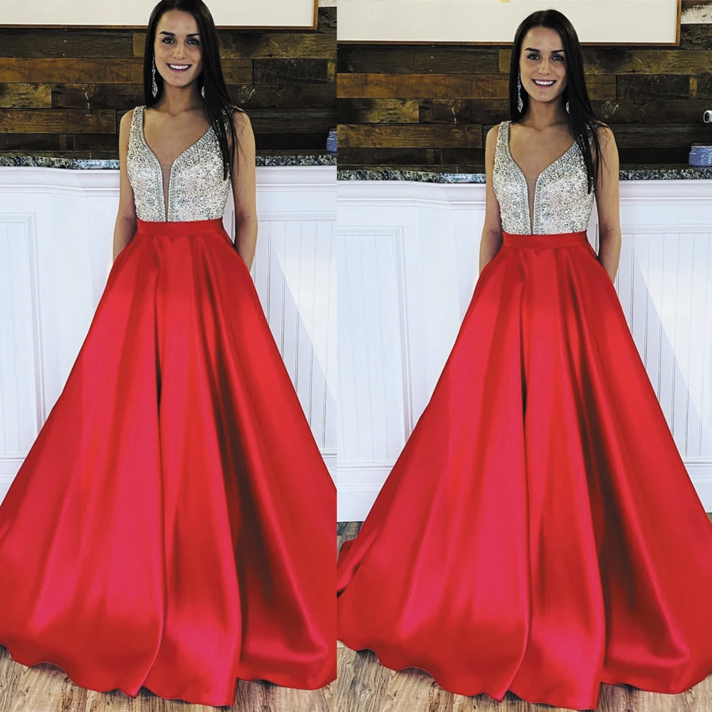 

SuperKimJo Sukienki красные платья для выпускного вечера 2020 с глубоким V-образным вырезом с бисером без рукавов атласные элегантные платья для выпускного вечера Vestido De Fiesta 2021