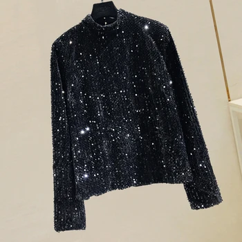

Harajuku Shirts Top Women's Sequins Half High Collar Long Sleeve T-shirt Autumn Winter High Street Tshirts Girls Sequined Cloth