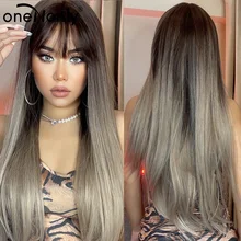 

oneNonly Long Straight Dark Brown Ombre Blonde Wig with Bangs for Black Women Synthetic Wigs Cosplay Daily Hair Heat Resistant