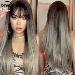oneNonly Long Straight Dark Brown Ombre Blonde Wig with Bangs for Black Women Synthetic Wigs Cosplay Daily Hair Heat Resistant