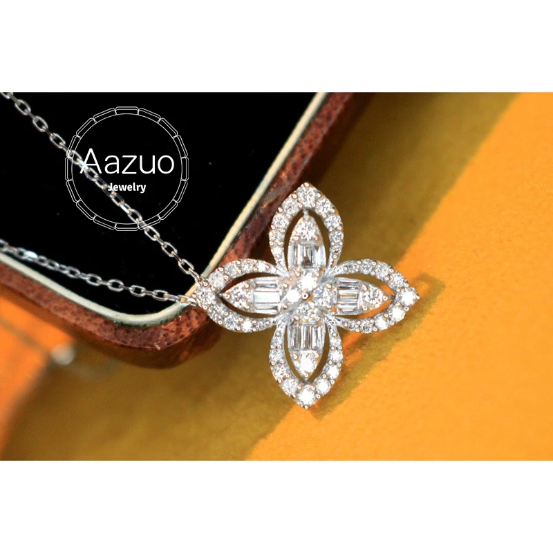 Aazuo 18K White Gold Real Diamonds 0.50ct Fairy 4 Leaves Flower Necklace Gifted for Women Wedding Link Chain Au750