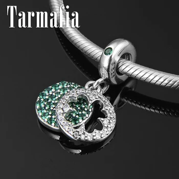 

New 925 Sterling Silver Green Zircon Hollow Lucky Clover Pendant Charm Beads for Jewelry Making Fit Original European Bracelet