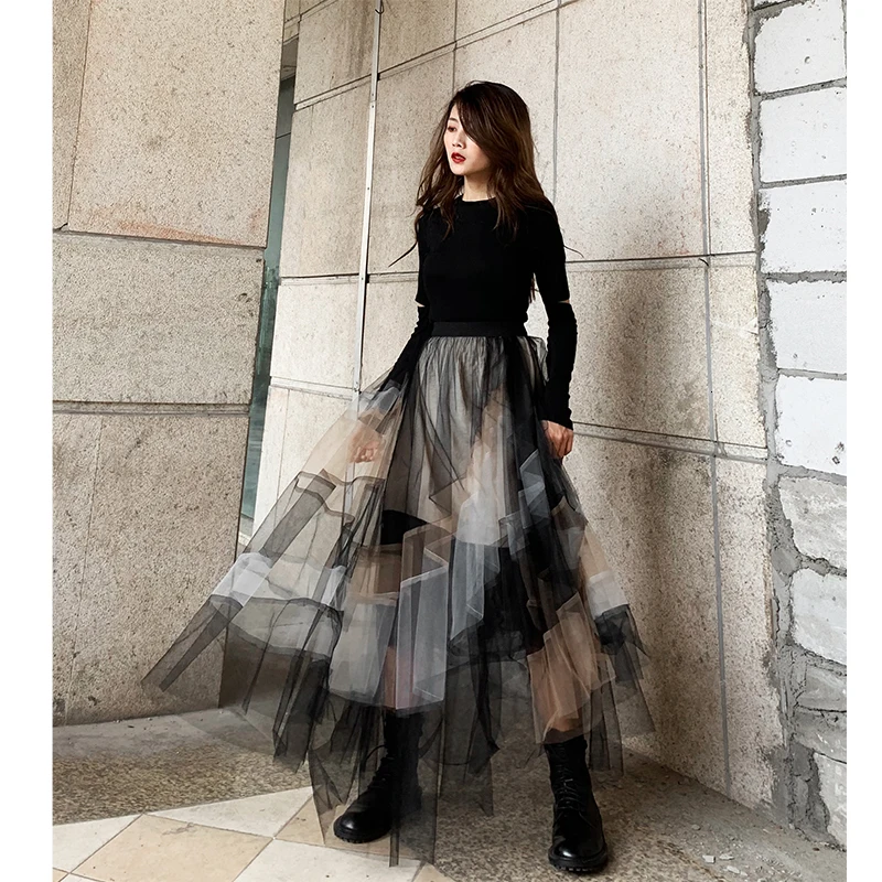 

Fashion Tide Autumn And Winter New Irregular Skirt Mesh Skirt Multi-layer Splicing Gradient Color Matching Skirt 19B-a55