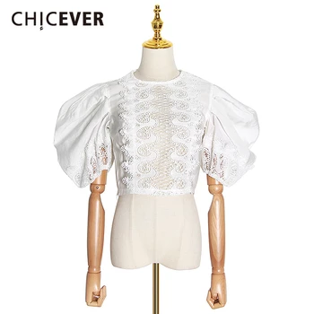 

CHICEVER Elegant Patchwork Lace Blouse For Women O Neck Puff Short Sleeve Hollow Out Vintage Sexy Shirts Female 2020 Summer New