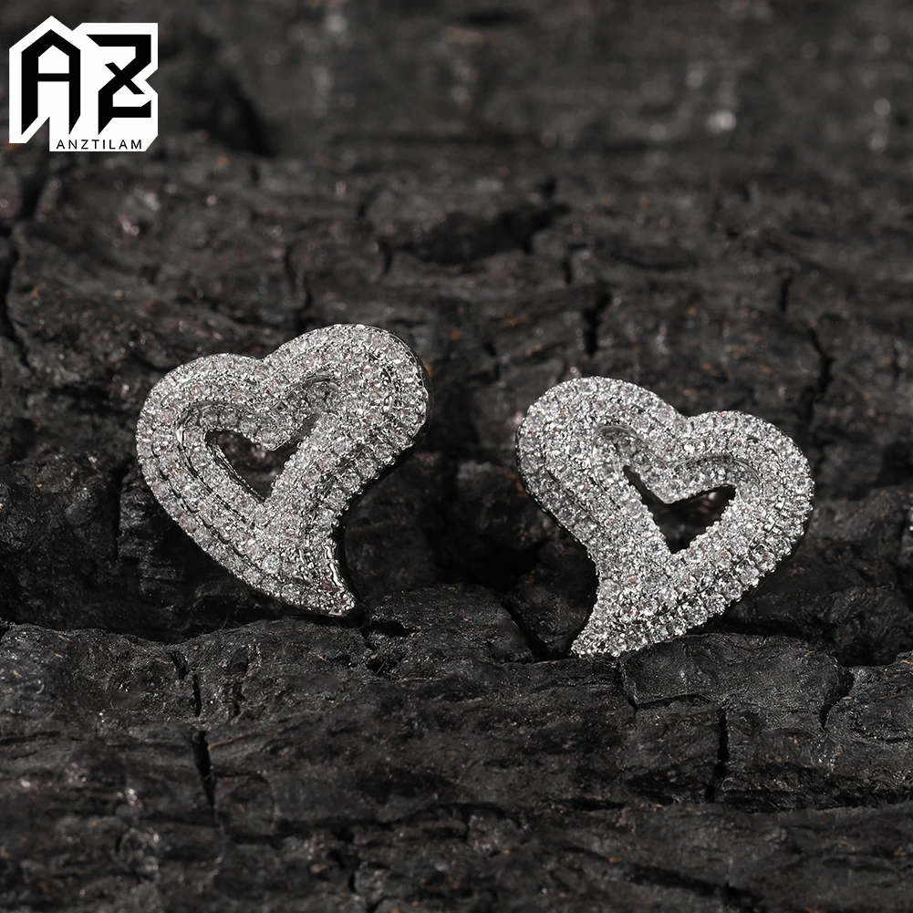 Stud earrings for women men Hollowed Out Heart Hip Hop Iced Out Gold Silver Color Ear Jewelry