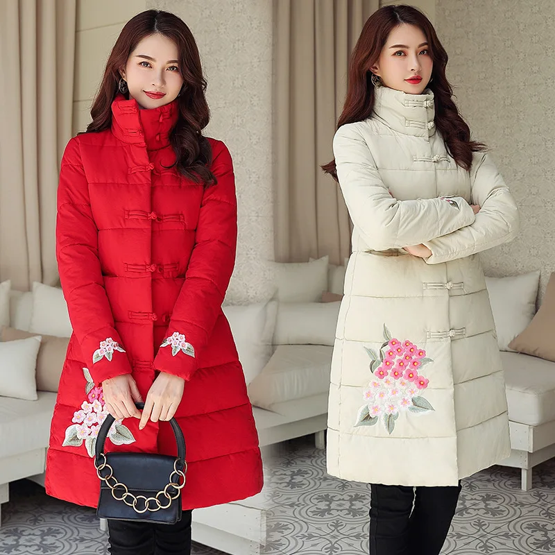 

Cotton-padded Clothes Women's Mid-length 2019 New Style China Ethnic Embroidery down Jacket Cotton-padded Clothes Stand Collar F