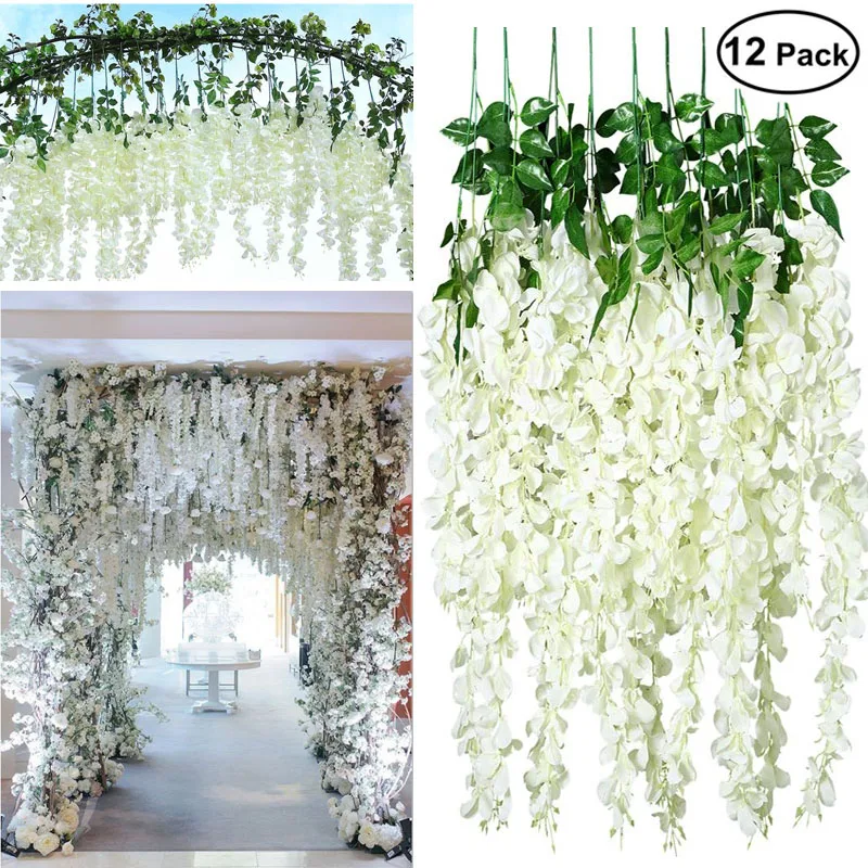 12Pcs 45inch Artificial Wisteria Flowers Fake Vine Ratta Hanging Garland Silk String Home Party Wedding Decor | Дом и сад
