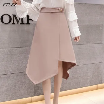

FTLZZ 2020 New Spring Summer Women High Waist Solid Color Irregular Midi Skirt Office Lady Single Button Black Skirts