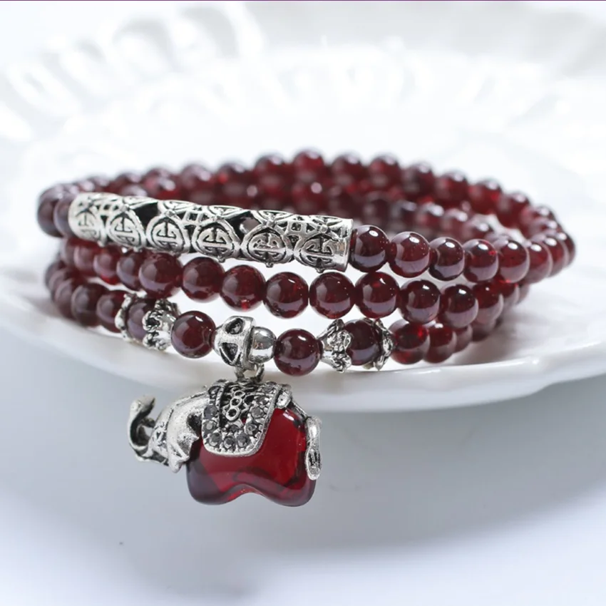 Trendy Silver Plated Elephant Connect Garnet Stone Elastic Bracelet for Women Inspiration Jewelry | Украшения и аксессуары