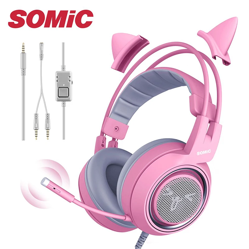 SOMiC G951S Gaming Headset Gamer Pink Cat Ear