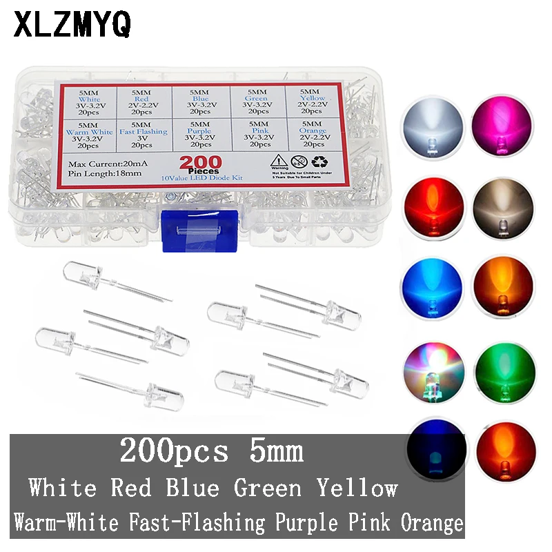 200pcs 5mm LED Diode Kit Set Box F5 mm Light Emitting Warm White Green Red Blue Yellow Orange Purple UV Pink 10 colors x 20pcs