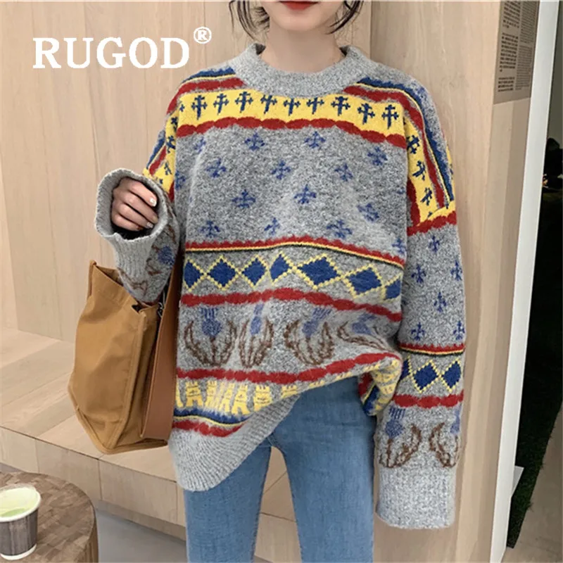 RUGOD свитер большого размера, графический пуловер, повседневный джемпер, Зимние Топы для женщин, трикотаж, корейский стиль, женские свитера