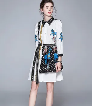 

spring Autumn Luxury Print 2 Pieces Set Women's Long Blouse Shirt + Mini Overlay Star Print Lace-up Skirt Sets Ladys 2PCS Suit