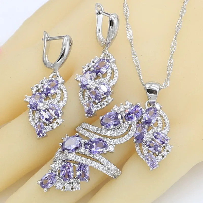 925 Silver Wedding Jewelry Sets for Women Purple Semi-precious Necklace Pendant Earrings Ring Bracelet Christmas Gift