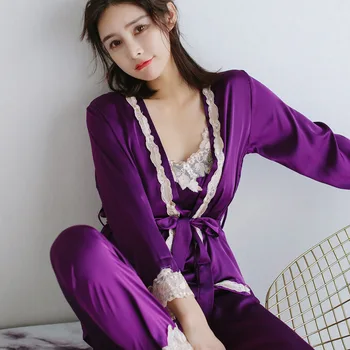 

Fiklyc New Summer And Autumn Long-Sleeved Silk Home Service Suit Female Sense Sling Pajamas Three-Piece Explosion Embroidery