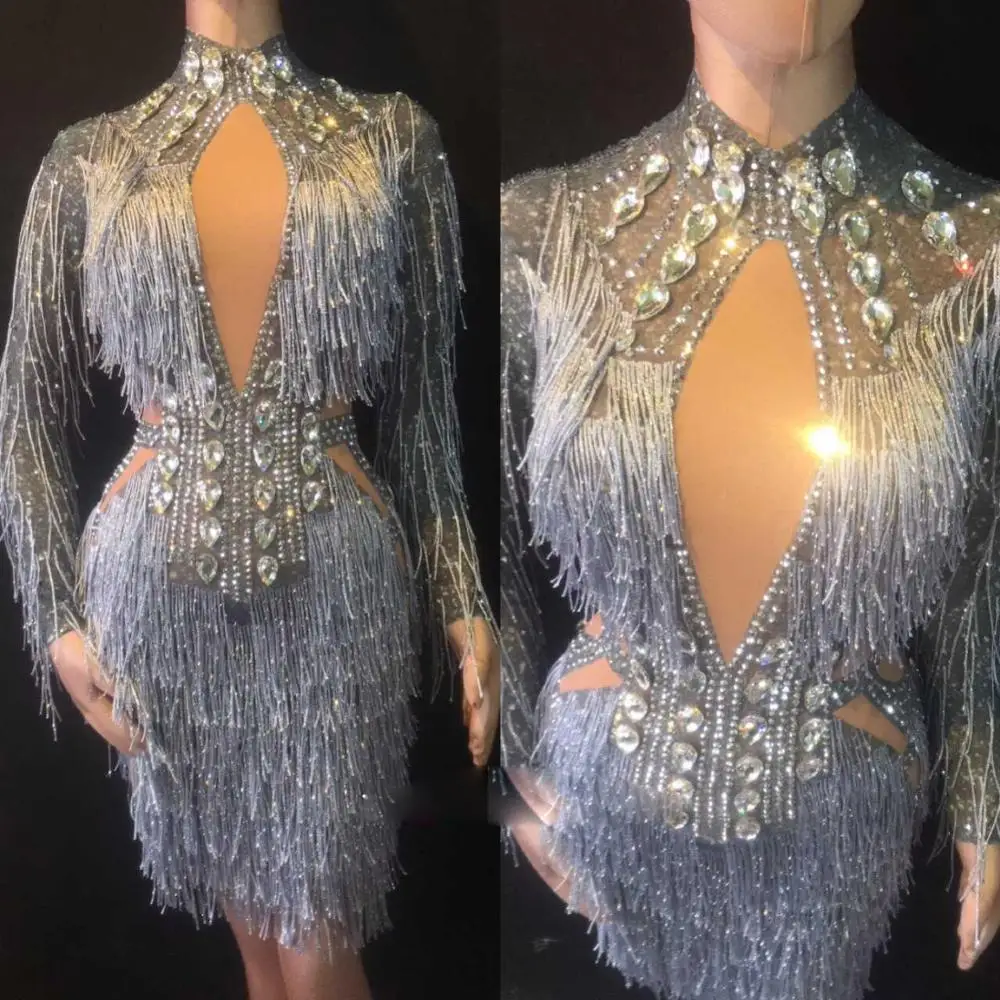 

Bling Rhinestones Silvery Tassels Dress Sexy Skinny Glass Diamond Short Dress Women Singer Party Stage Wear Celebration Dresses