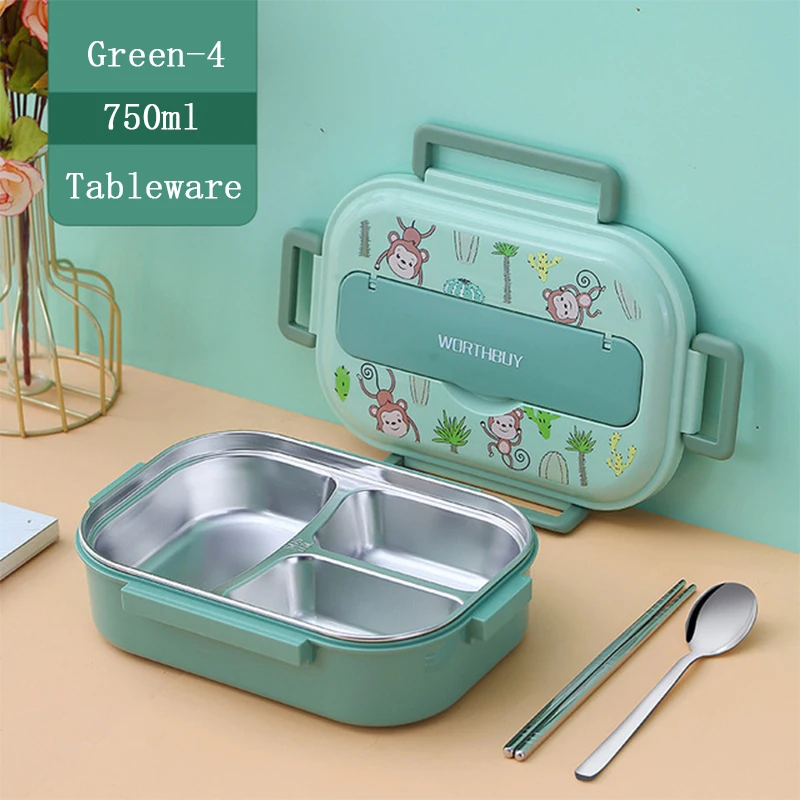 2 Grid Green Steel Lunch Box With Bowl & Spoon