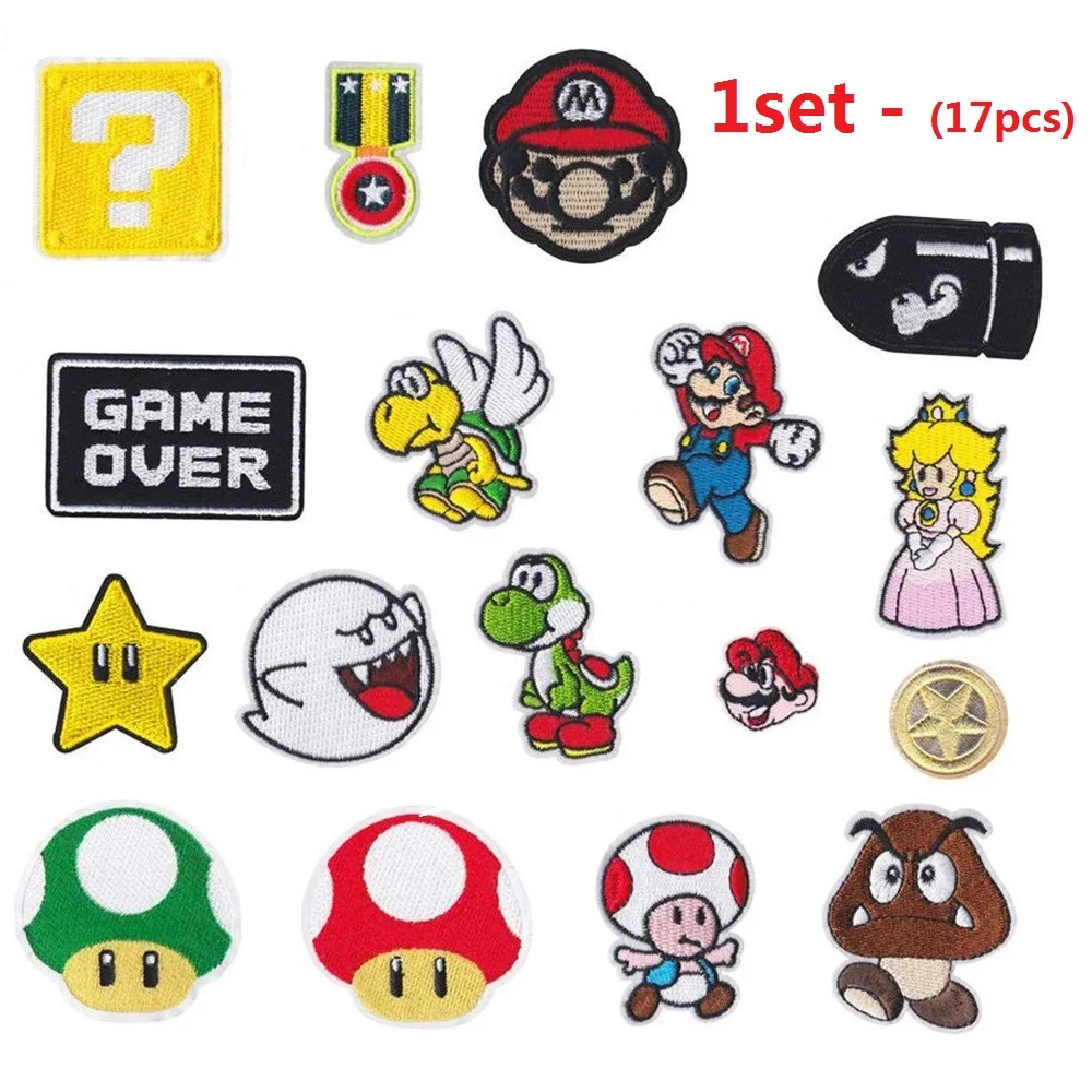 17 pcs/lot Super Retro Game Character Icon Ironing Patches Iron Child Clothes Bros Princess Turtle DIY Accessories badge decor