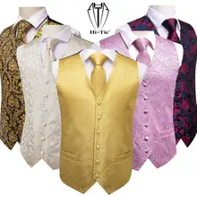 Alta qualidade de seda dos homens ajuste fino 4 pçs colete gravata hankerchief abotoaduras terno colete jaqueta pescoço gravata conjunto floral paisley sólido