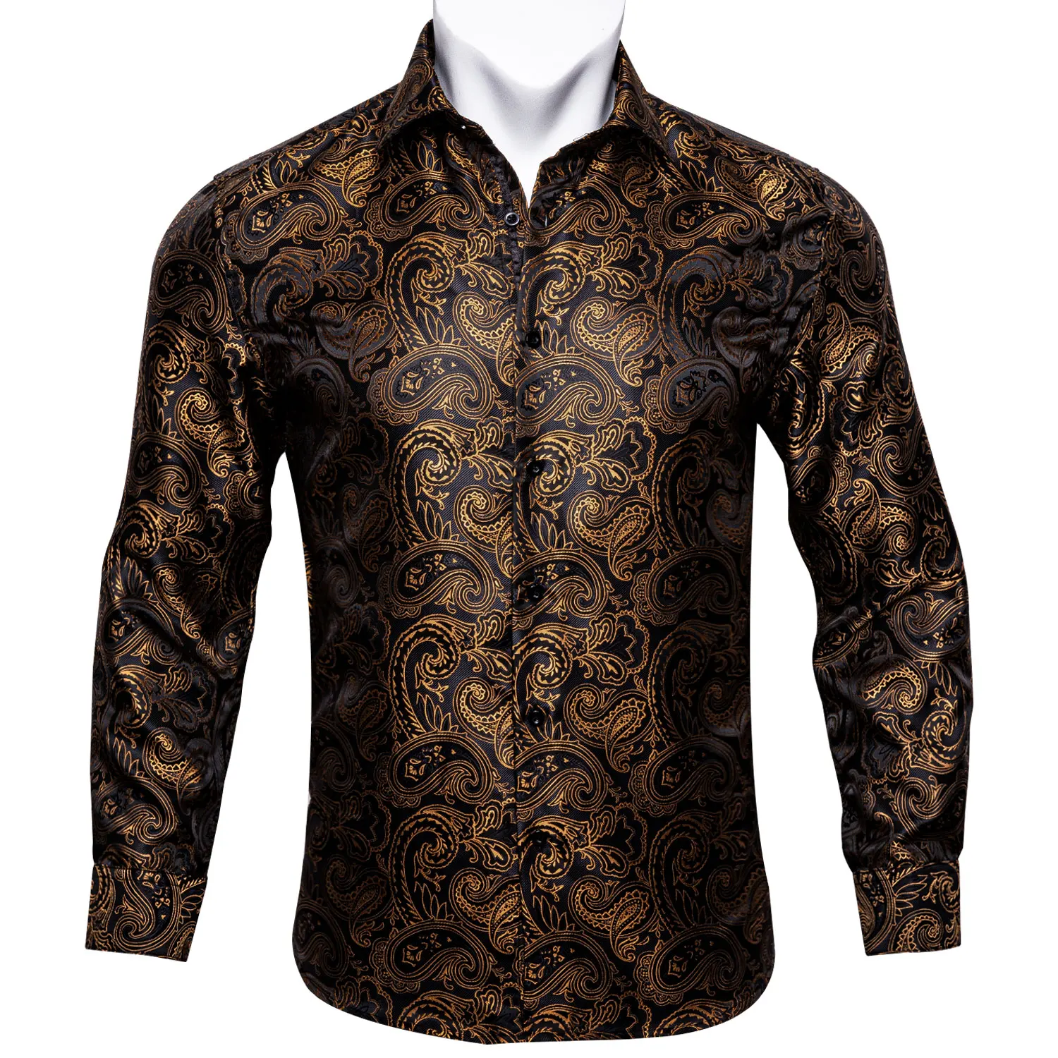 Premiere Men's Colorful Paisley Designer Dress Shirt - Long Sleeve Button Down Floral Casual Shirt, Black Gold, Medium