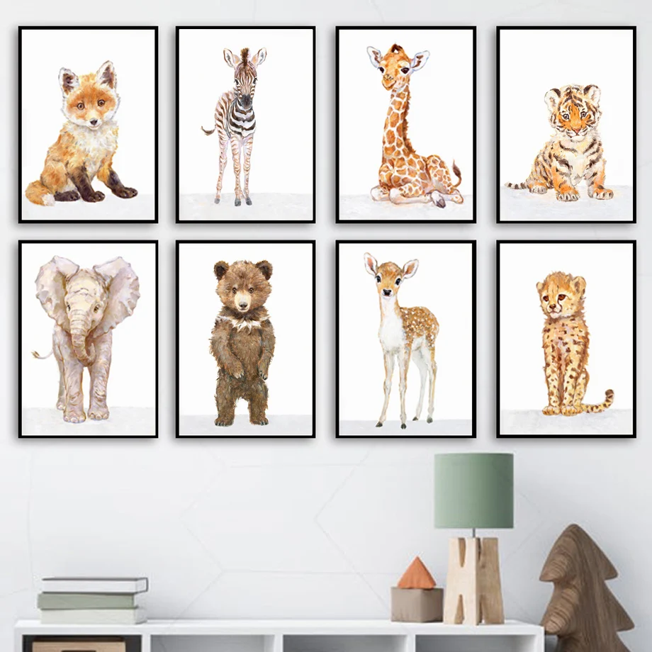 Baby Animal Elephant Deer Lion Art Canvas Poster Nursery Print Kid Bedroom Decor 