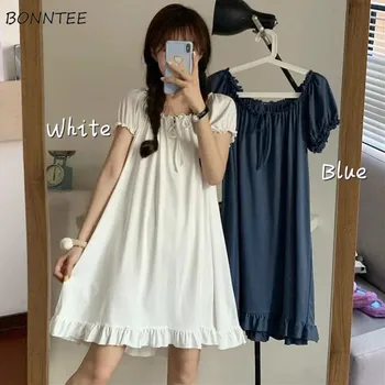 

Nightgowns Womens Solid Kawaii Girls Knee Length Lace Up Simple Loose Leisure Chic Ulzzang Korean Style Femme Lovely Home Wear