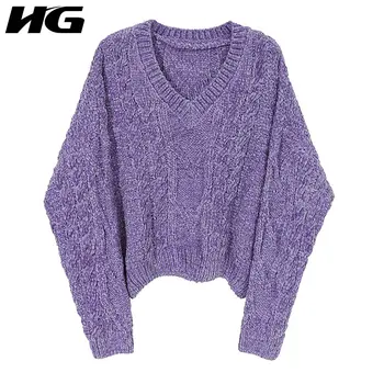 

HG Solid Knitted Pullover Sweater Women 2020 Autumn Casual Fashion New Style Temperament All Match V Neck Women Clothes ZP3771