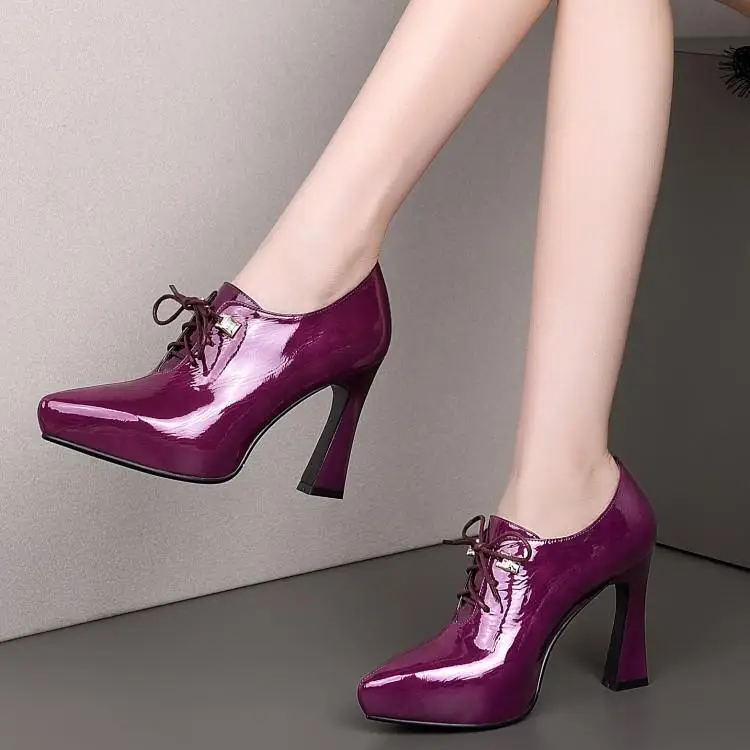 

Lacquered shoes women's thick heel deep lace-up super high heel waterproof platform thick bottom layer cowhide 10cm