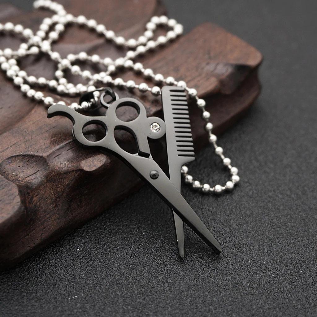 Hair Stylist Scissors and Comb Crystal Charm Stainless Steel Pendant Necklace 19.6 inch Chain