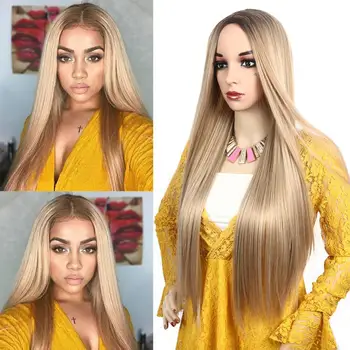 

Blonde And Brown Silky Straight Synthetic Wigs Machine Weft Made Middle Part Large Cap Size High temperature Fiber Cosplay Wig
