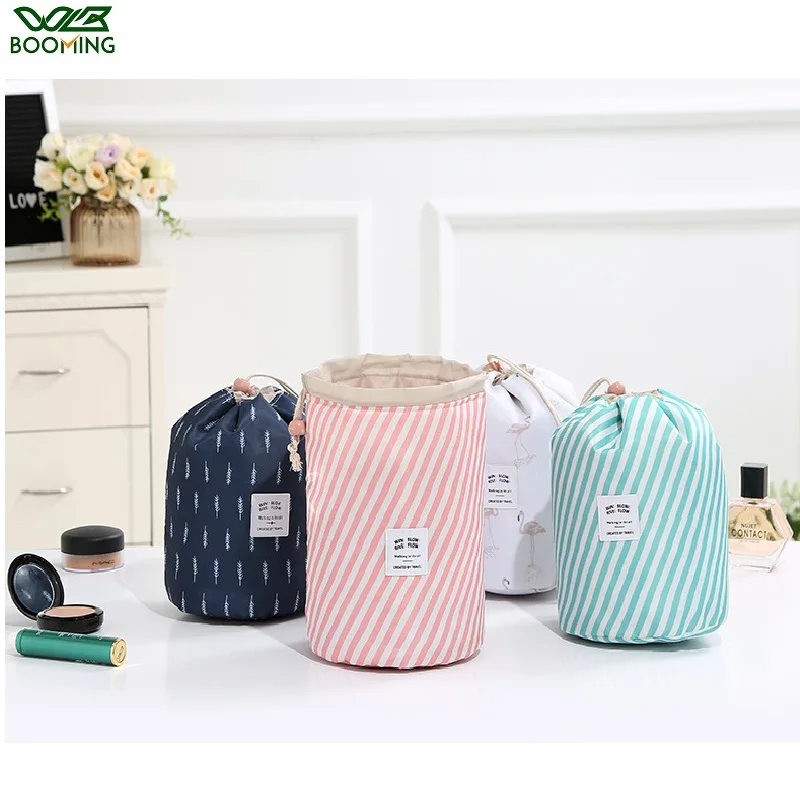

WBBOOMING Fashion Round Bin Cosmetic Bag Waterproof Mouldproof Woman Travel Makeup Organizer Drawstring Oxford Fabric Bag