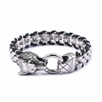 

316 Stainless Steel Link Chain Animal Wolf Head Bracelets For Men 21.5cm Chain & Leather Wolf Head Bracelets Rock Jewelry