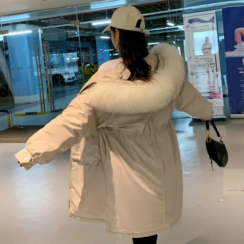 Off White Модное женское пуховое пальто на молнии, Одноцветный утепленный пуховик с капюшоном на белом утином пуху - Цвет: Off White