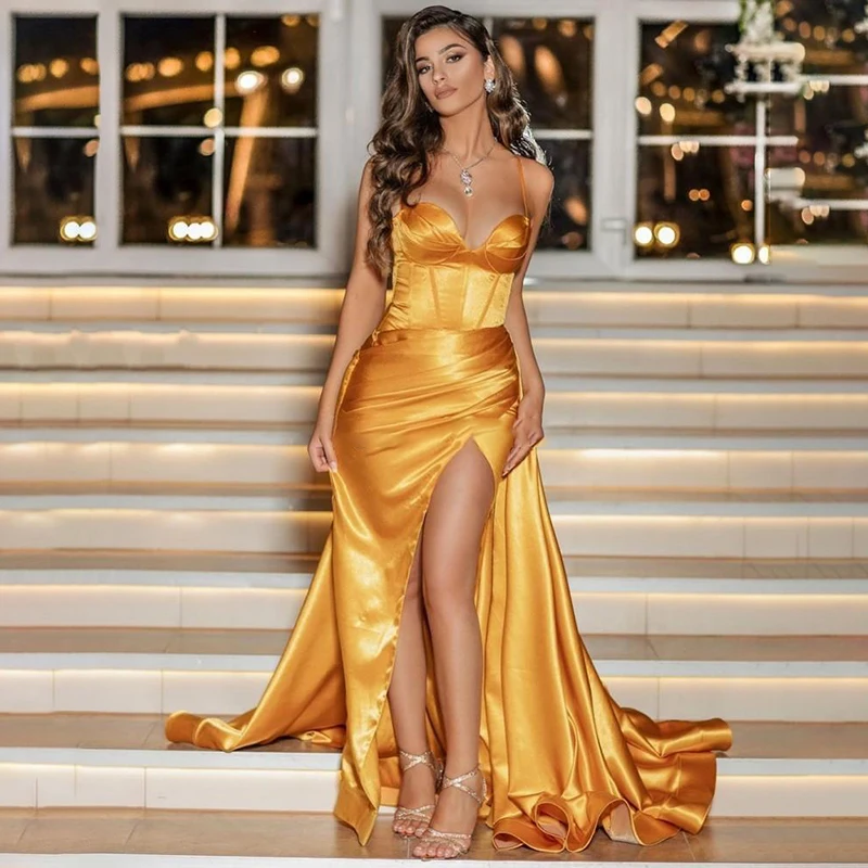 women's formal dresses & gowns 2021 Gold Sweetheart Prom Dresses Satin Long Evening Gown Sexy High Split Dubai Party Dress Formal Gowns Abendkleider Evening Dresses