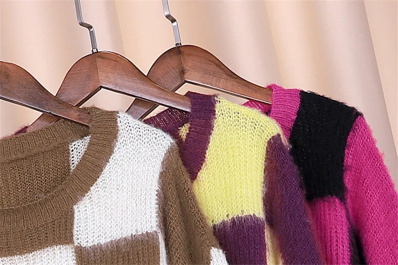 Сексуальная уличная одежда, длинный свитер, джемпер для женщин, Осень-зима, длинный рукав, розовая клетчатая пушистая шерсть, мохер, свитер, Mujer, C-374