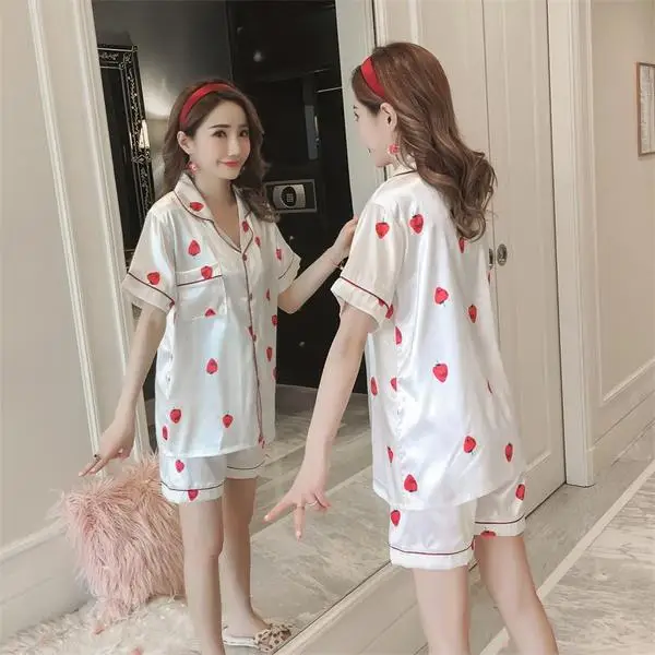 

[Liang xing] Strawberry Short Sleeve Cardigan Imitated Silk Fabric Summer Pajamas Korean-style Women's Summer Fold-down Collar T