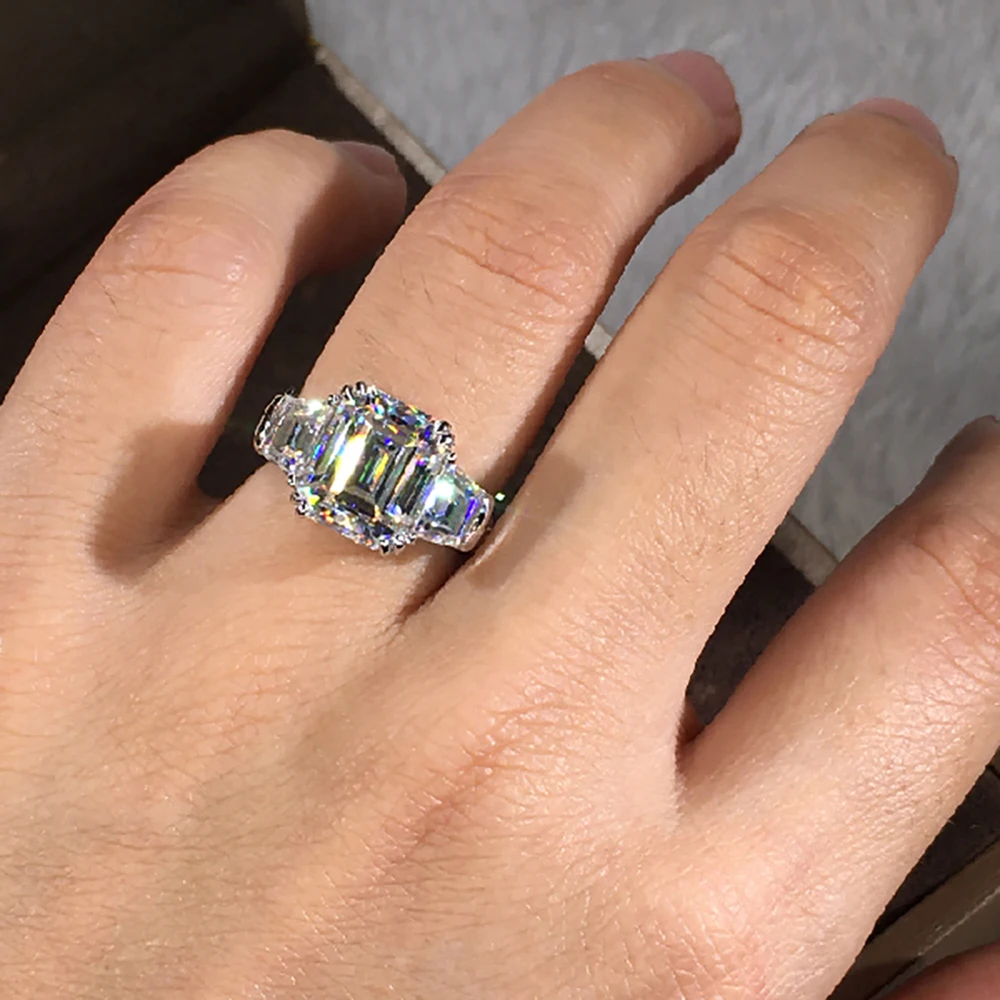 Niestandardowy solidny pierścionek zaręczynowy damski 14K z białego złota 3 4 5 karatowy szmaragdowy księżniczka kwadrat moissanit diamentowy pierścionek Trapezoid