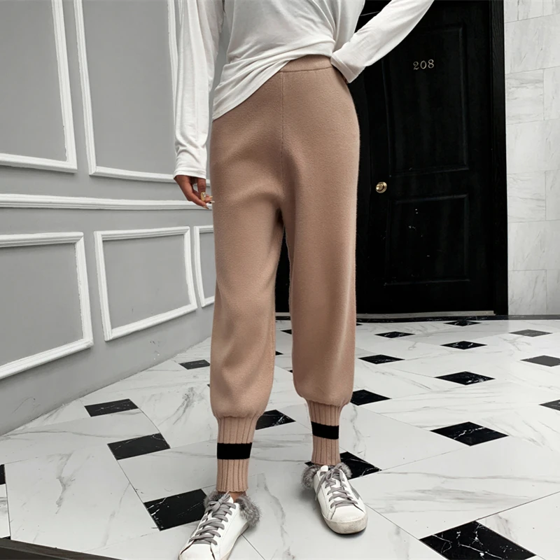 

2019 woman winter Cashmere Pants and auntmun Loose knitted Pencil High Quality Warm Female Elastic Waist Patchwork Solid