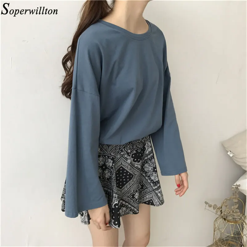 vintage blue Однотонная Высококачественная футболка в стиле Харадзюку, Женская Базовая Корейская футболка с расклешенными рукавами, женская белая черная футболка с длинным рукавом C46 - Цвет: vintage blue