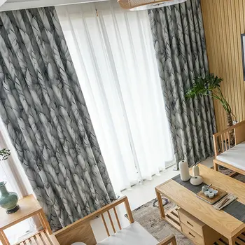 

BIGMUM Modern Blue Gray Print Leaves Blackout Curtains For Living Room Bedroom Kitchen Cortinas Window Rideaux Pour Le Salon