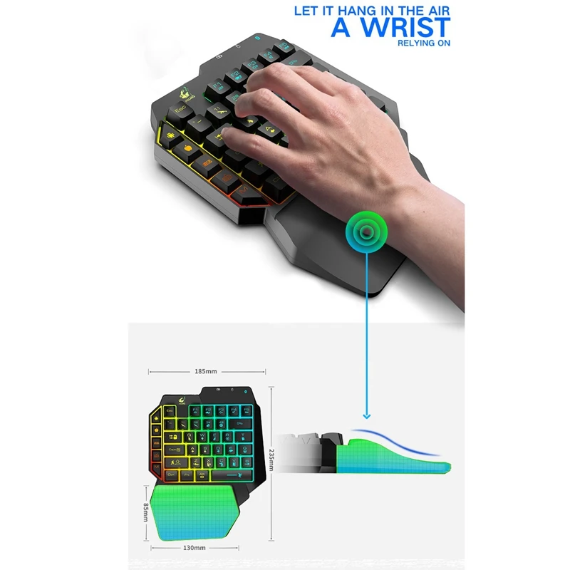 Stylish Personality Wired One-Handed Gaming Keyboard with LED Backlight 39-Key Membrane Keyboard