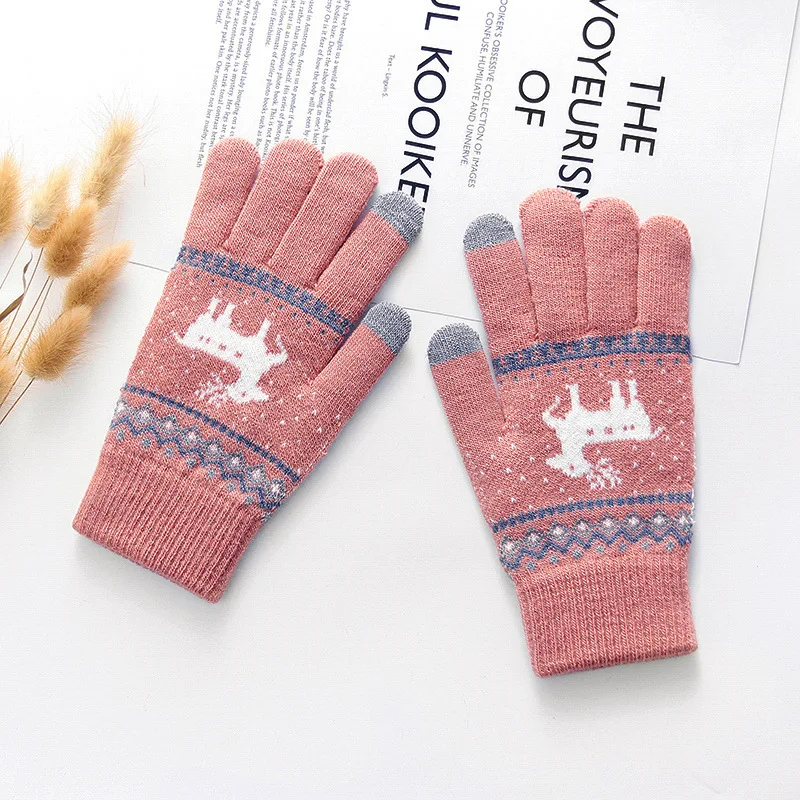 Rimiut Fashion Knitted Thick Gloves For Men & Women Christmas Deer Printed Warm Autumn Winter Full finger Gloves 2 Style 6 Color best cold weather work gloves Gloves & Mittens