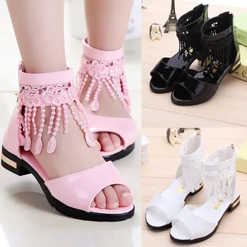 

2020 Summer Children sandals for girl Fashion tassel princess shoes student Big girls dress sandals High heel shoes size 27-37