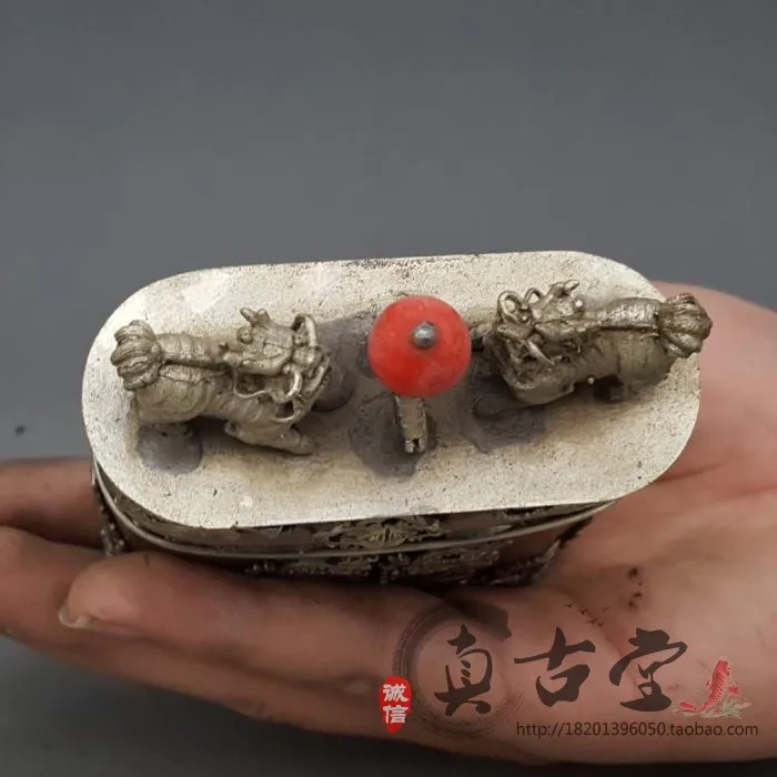 White copper cut tobacco embossed dragon and phoenix double lion white copper box toothpick box