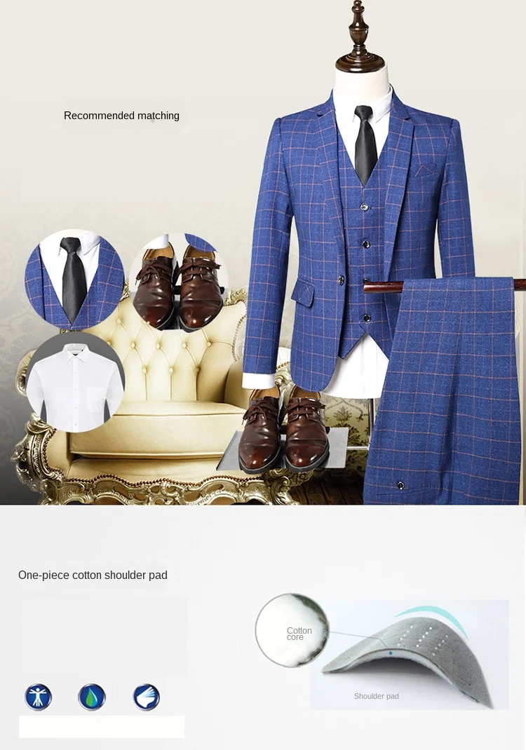 Men Suit 2020 New Wedding  Men's Jacket Youth Suit Slim Business Lattice Three-piece Suit Banquet Formal Wear