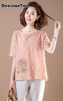 

2020 women o neck vintage tea clothing improved cotton linen tops chinese national wind costume embroidery flower blouse